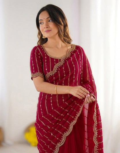 Dark Pink Silk Sequence Embroidery Saree