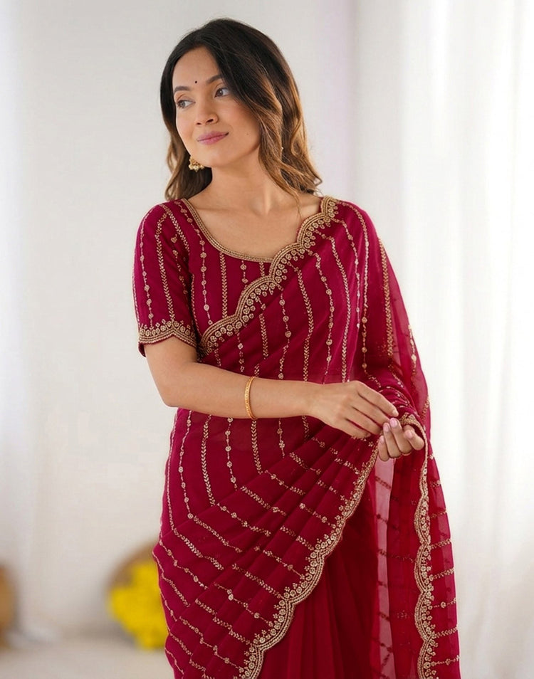 Dark Pink Silk Sequence Embroidery Saree