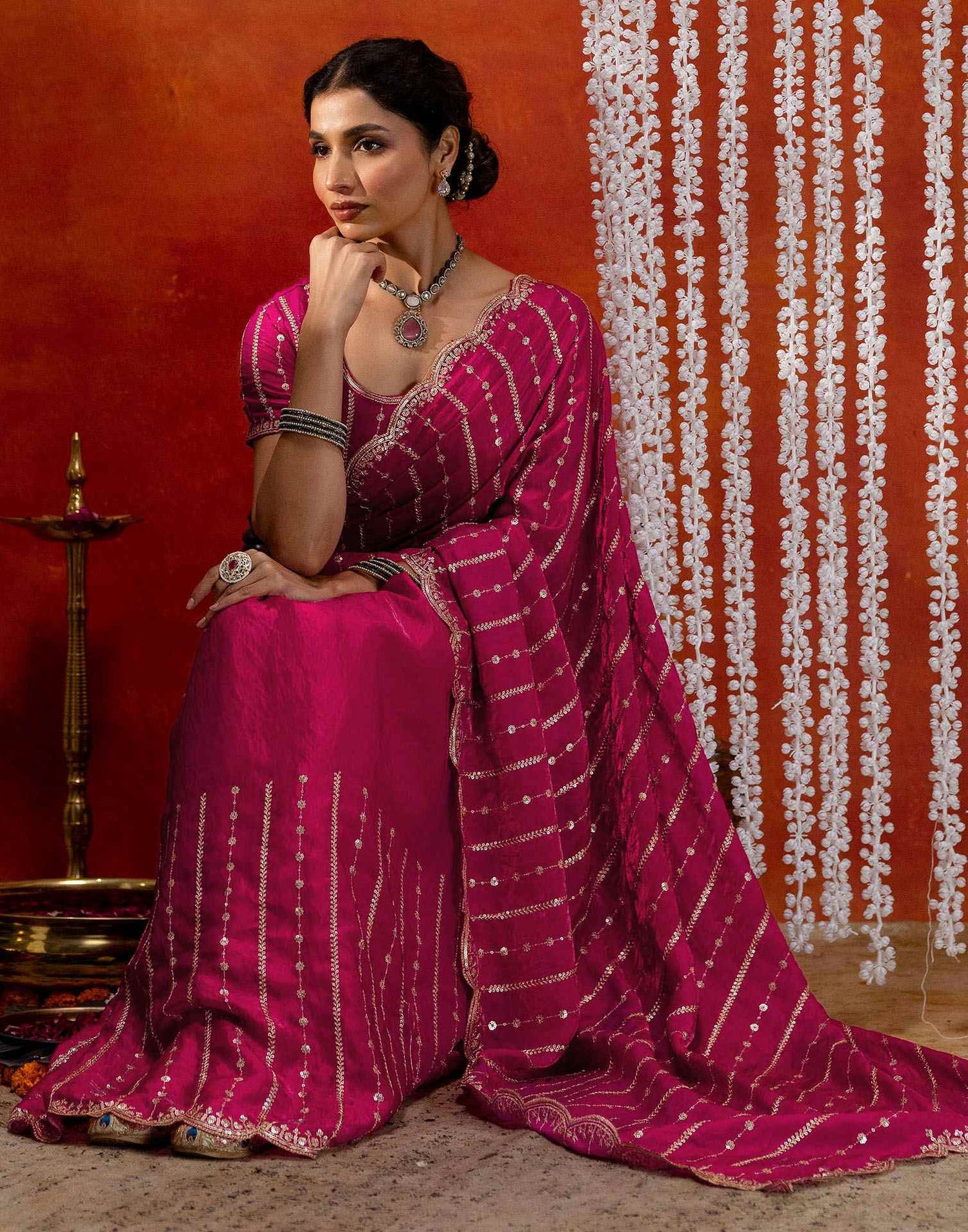 Dark Pink Silk Sequence Embroidery Saree