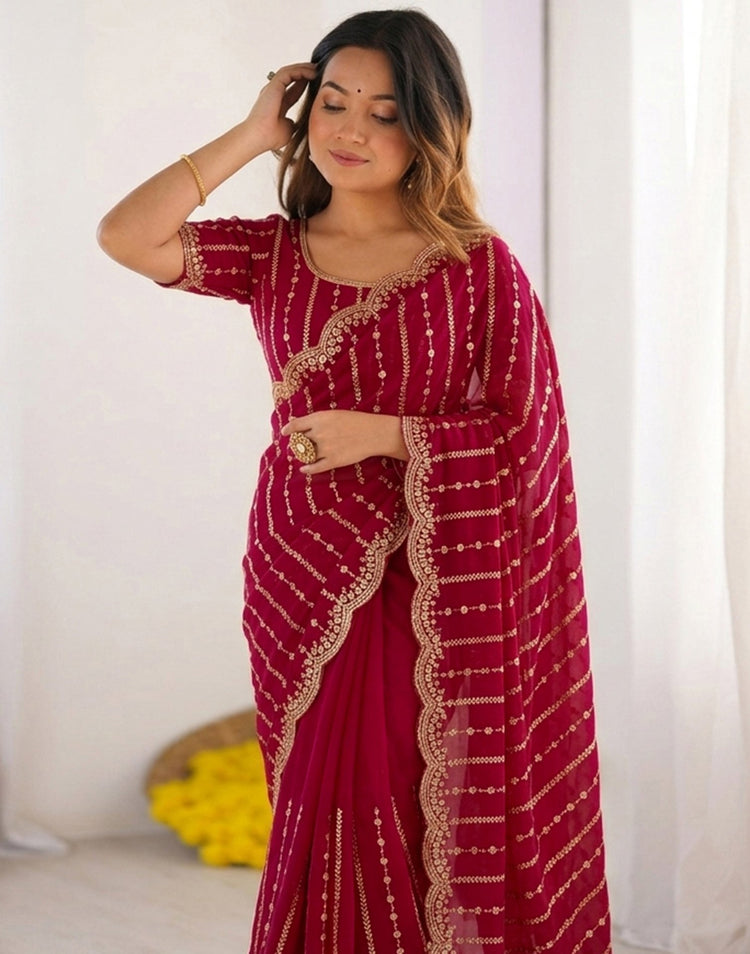 Dark Pink Silk Sequence Embroidery Saree