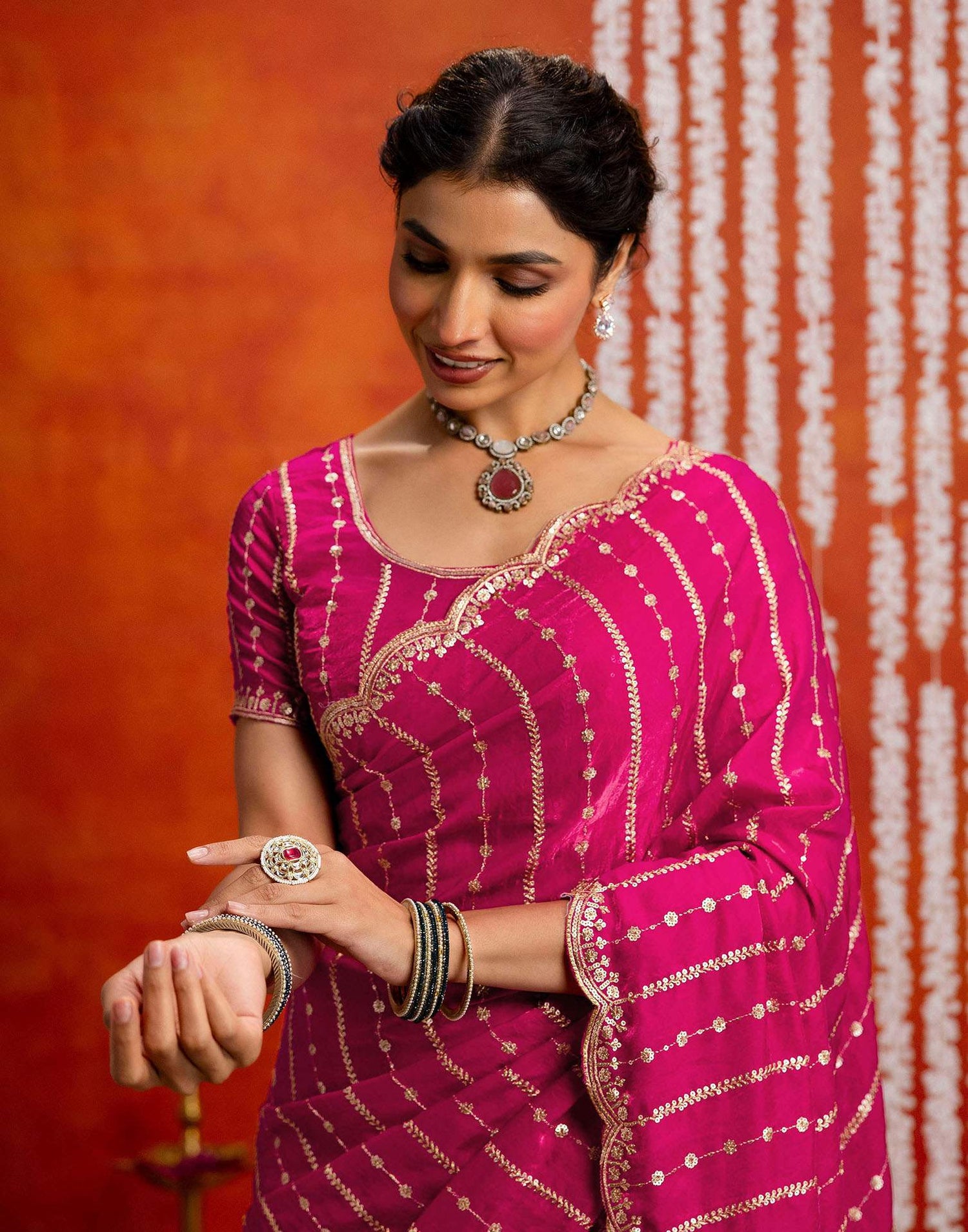 Dark Pink Silk Sequence Embroidery Saree