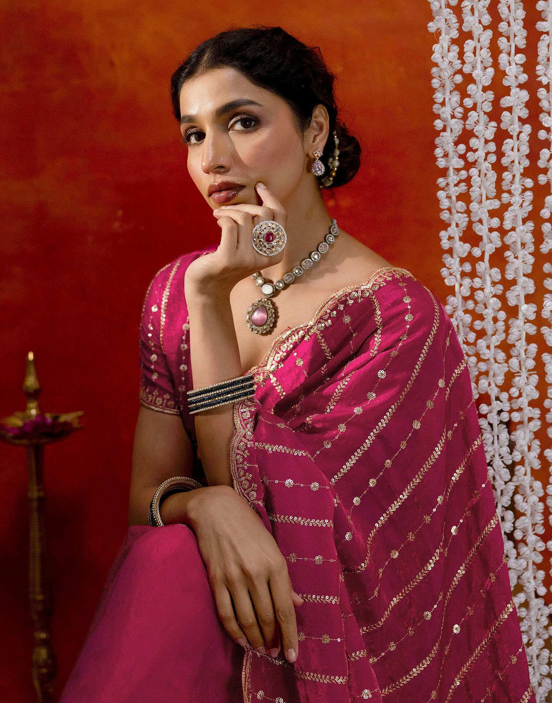 Dark Pink Silk Sequence Embroidery Saree