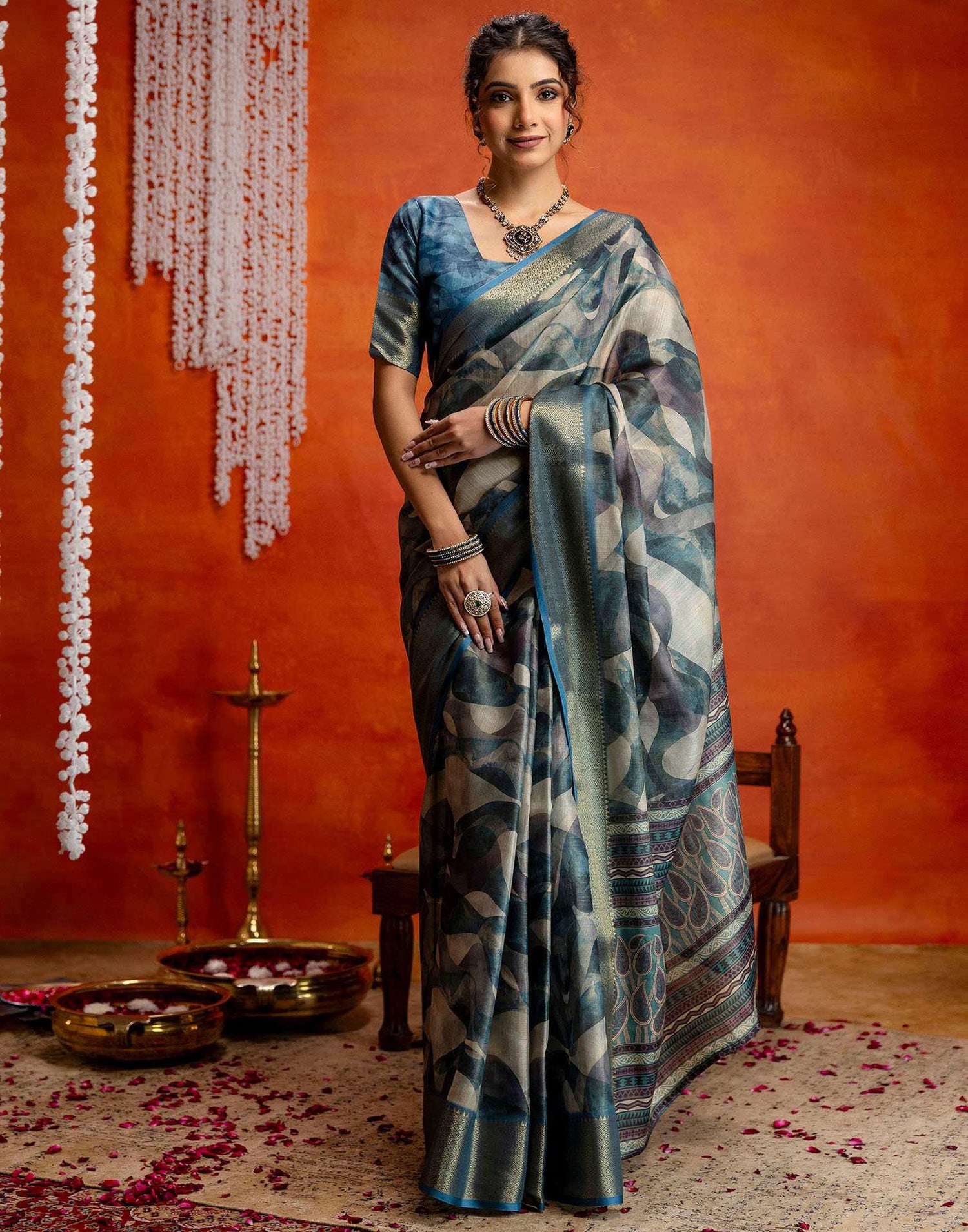 Steel Blue Cotton Printed Woven Saree