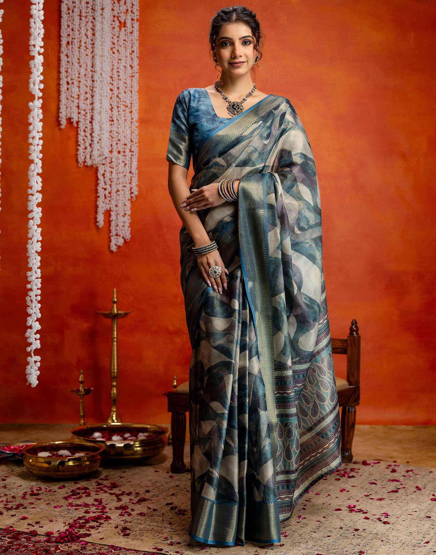 Steel Blue Cotton Printed Woven Saree