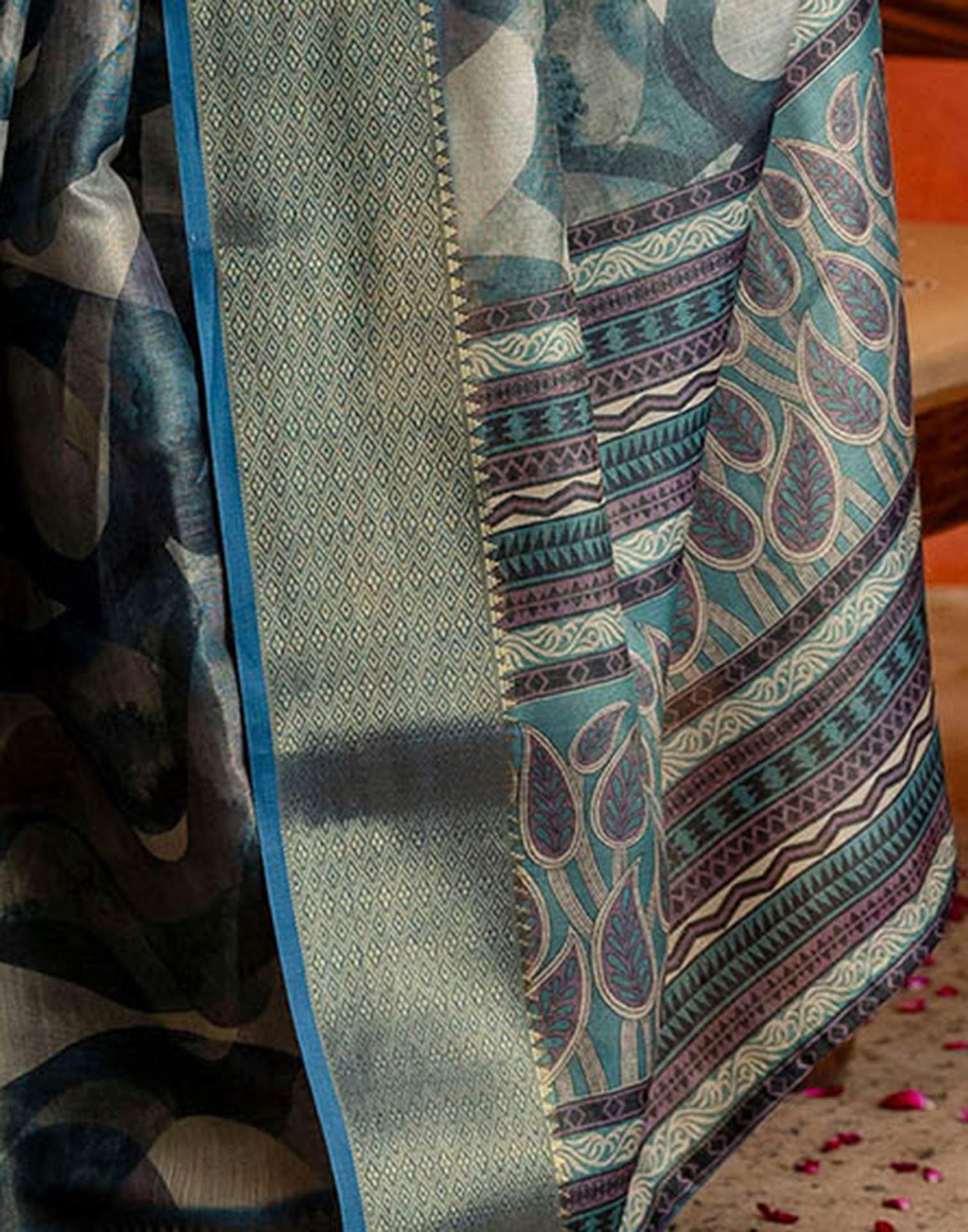 Steel Blue Cotton Printed Woven Saree