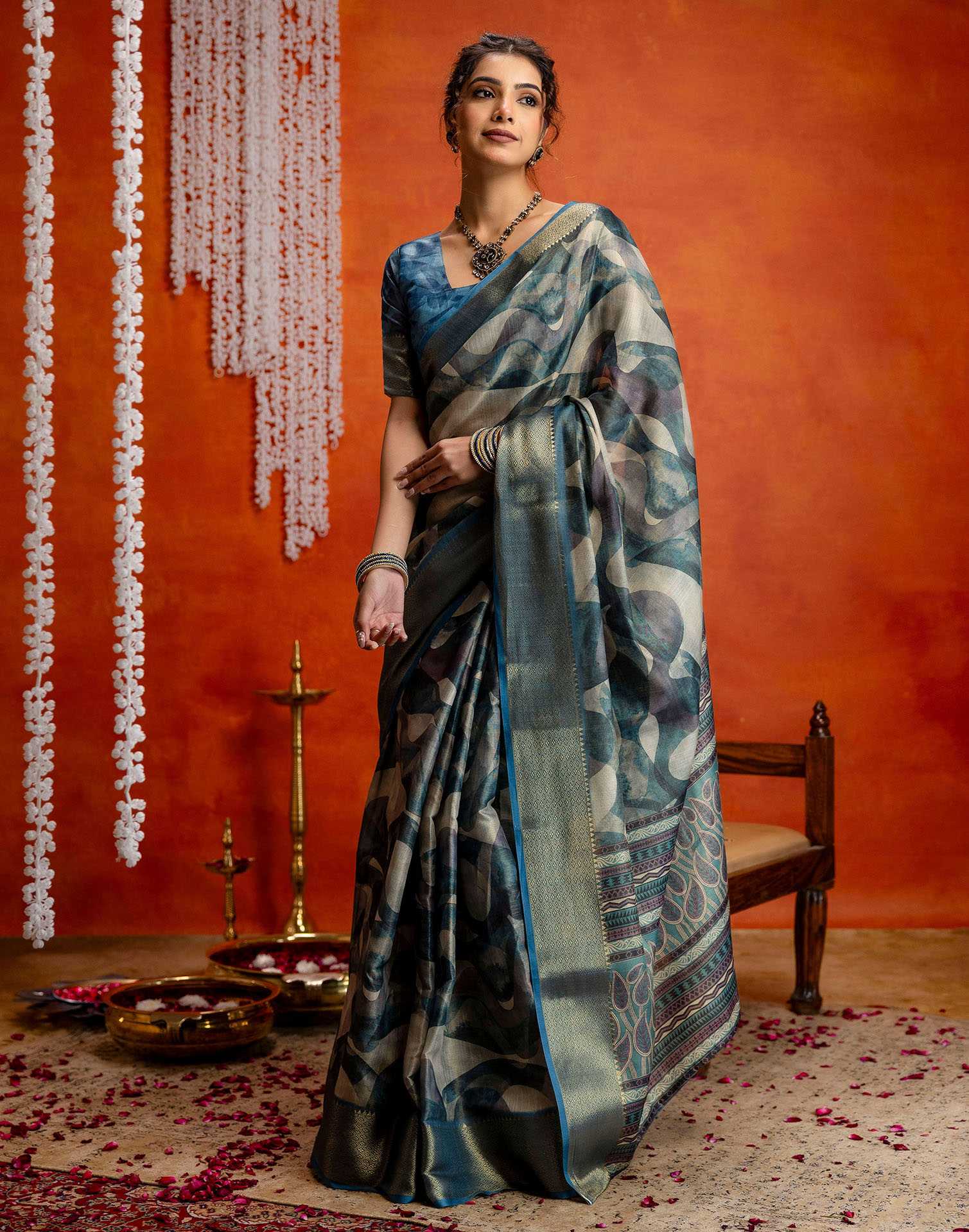 Steel Blue Cotton Printed Woven Saree