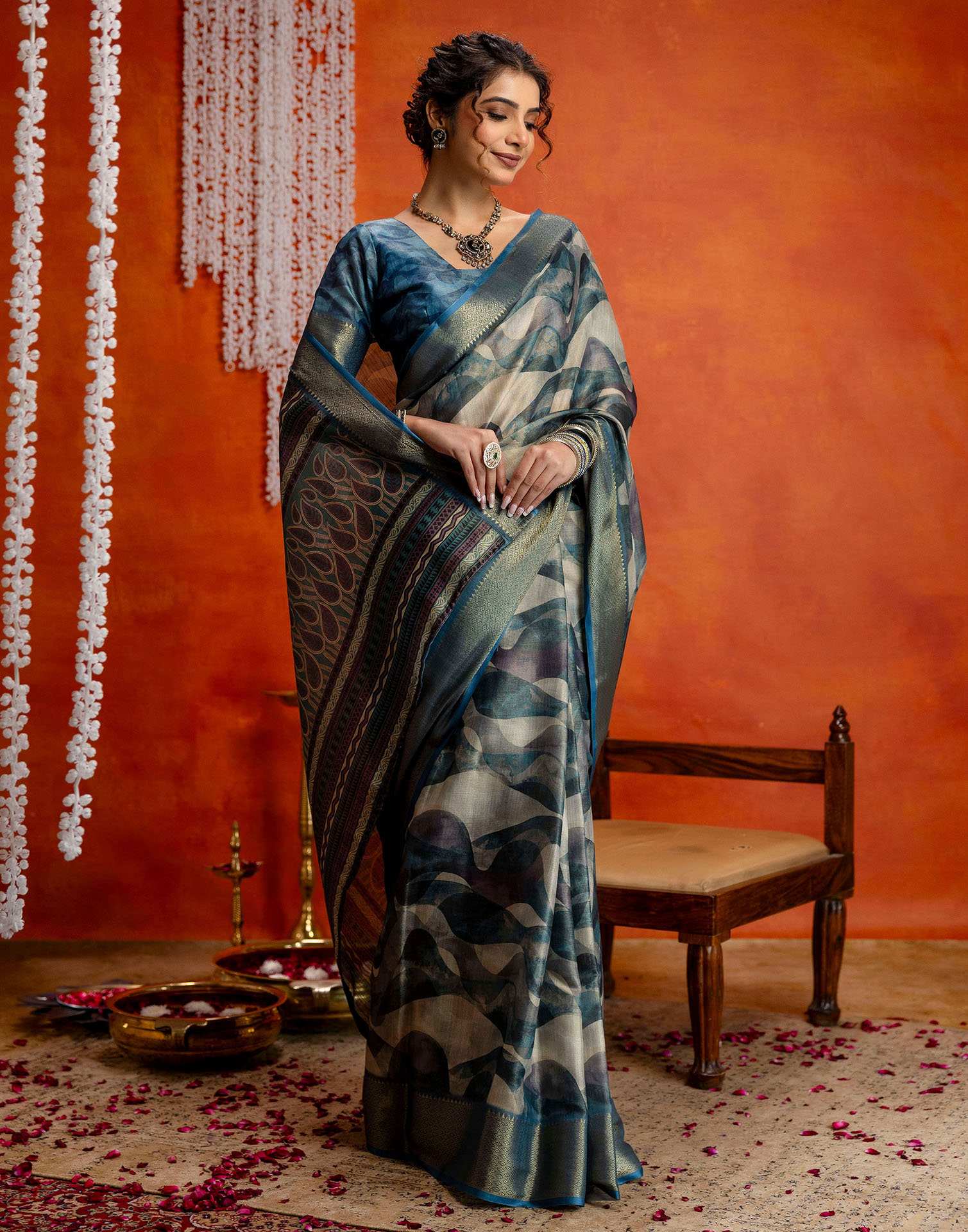 Steel Blue Cotton Printed Woven Saree