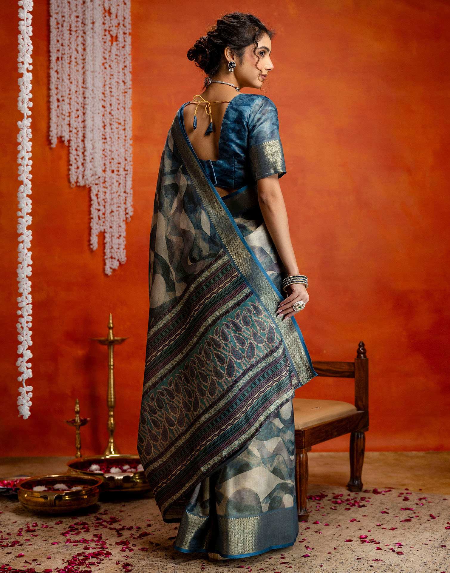 Steel Blue Cotton Printed Woven Saree