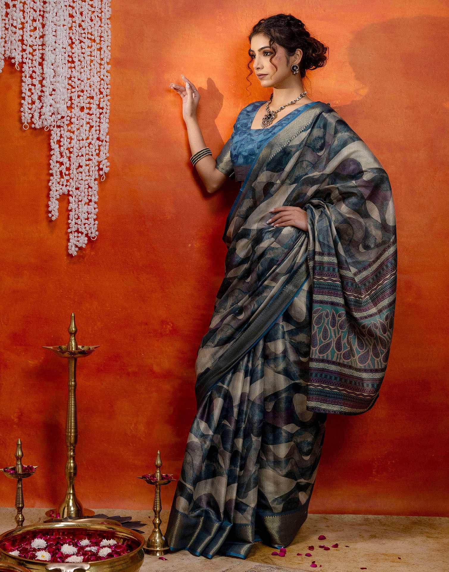 Steel Blue Cotton Printed Woven Saree