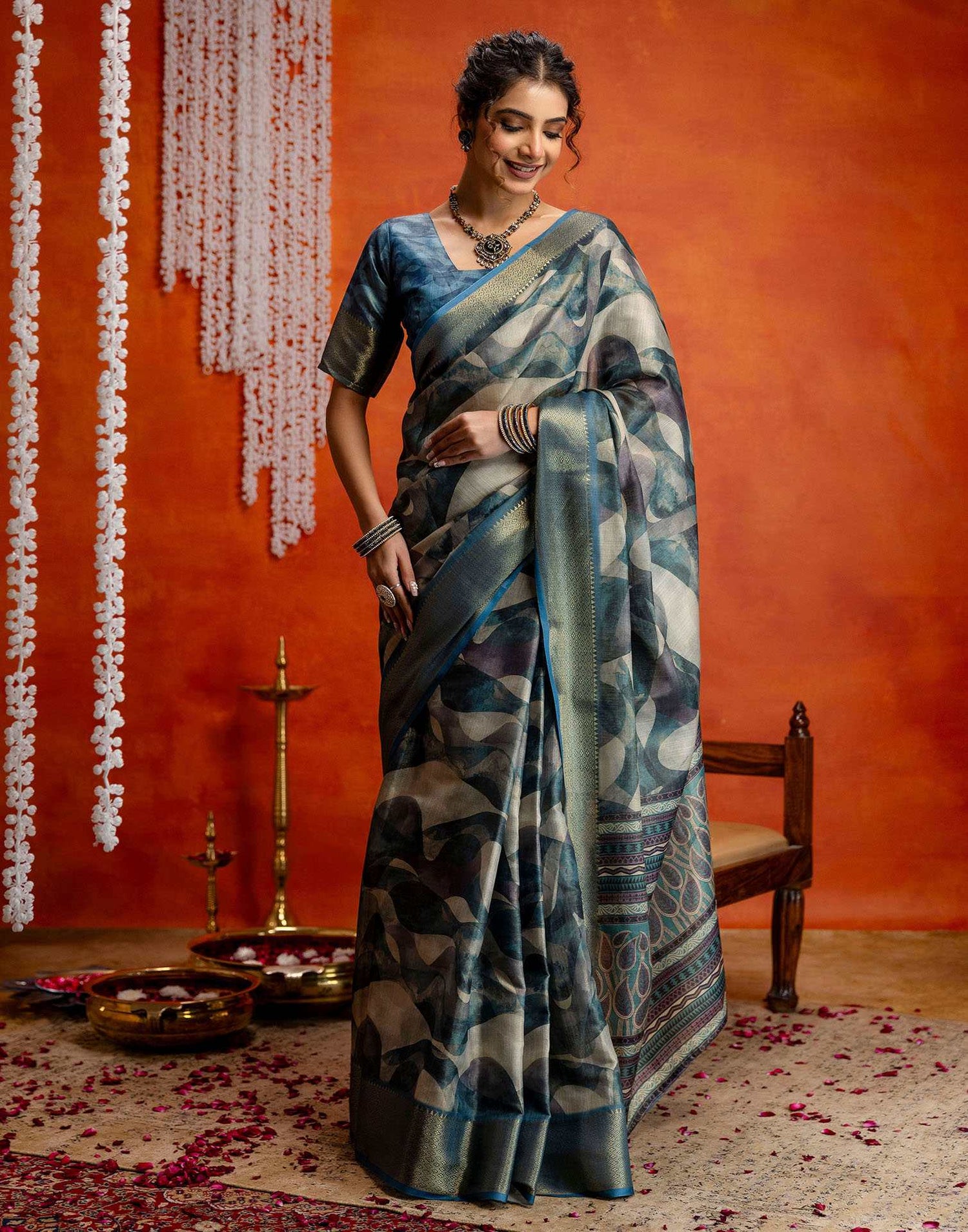 Steel Blue Cotton Printed Woven Saree