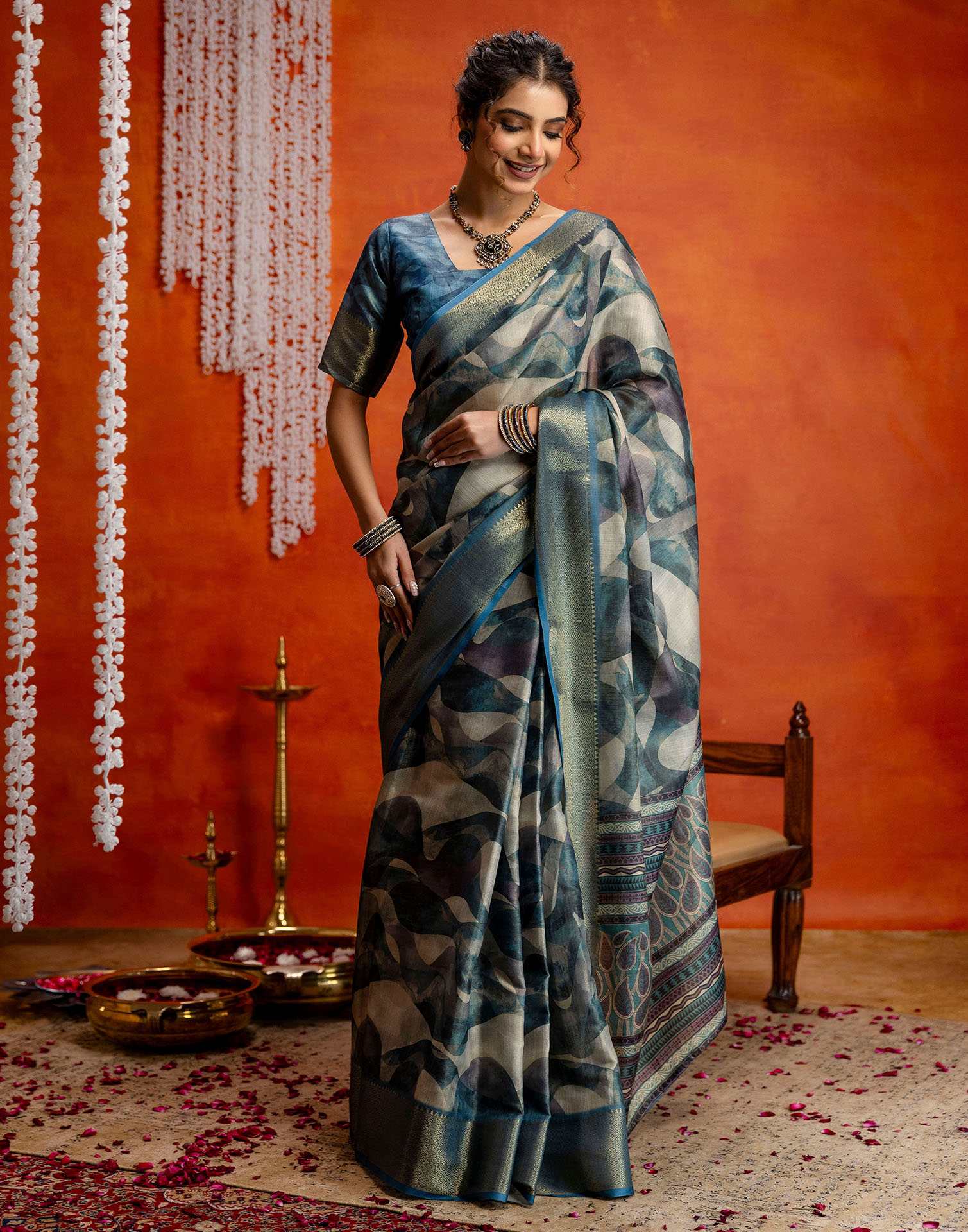 Steel Blue Cotton Printed Woven Saree
