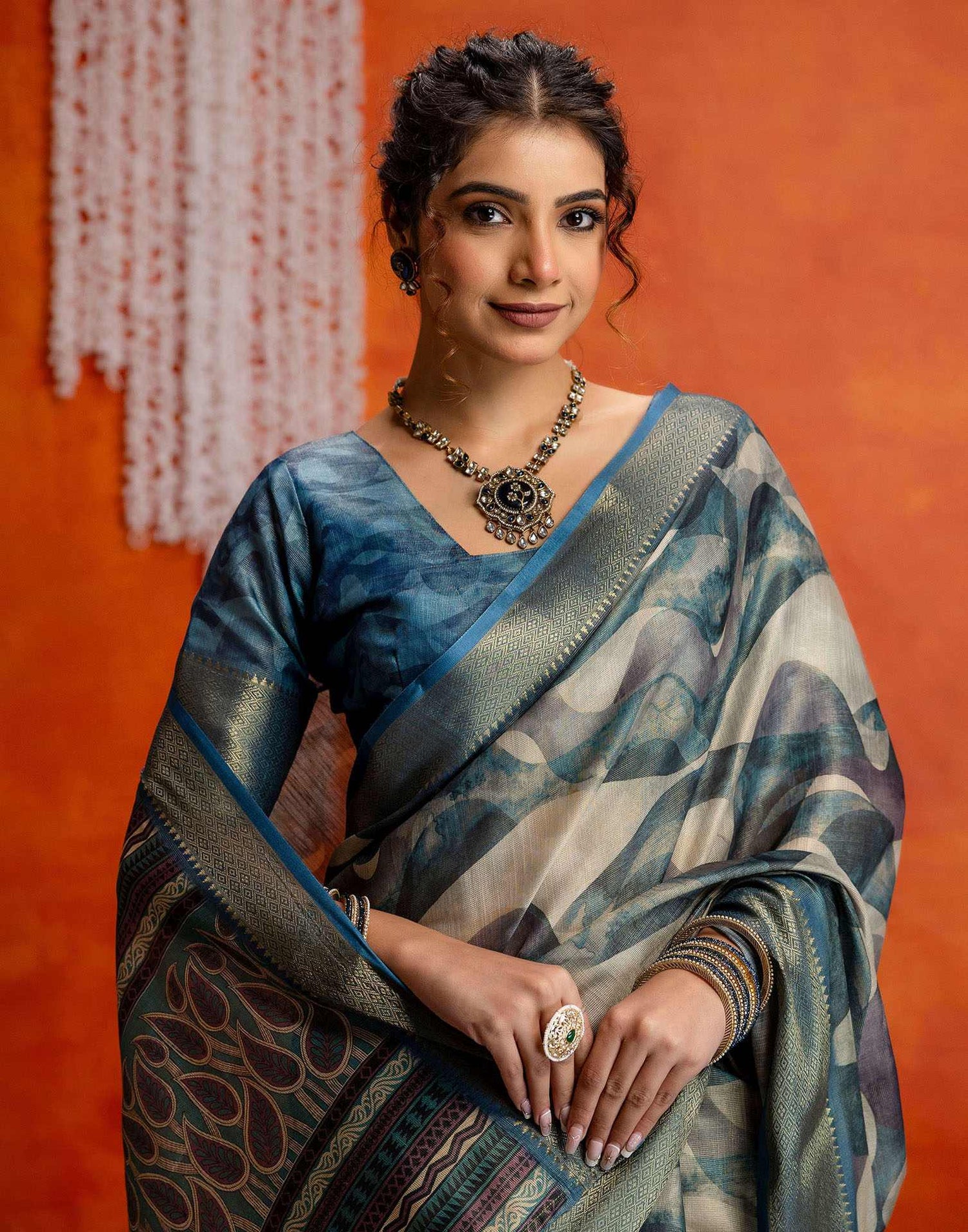 Steel Blue Cotton Printed Woven Saree