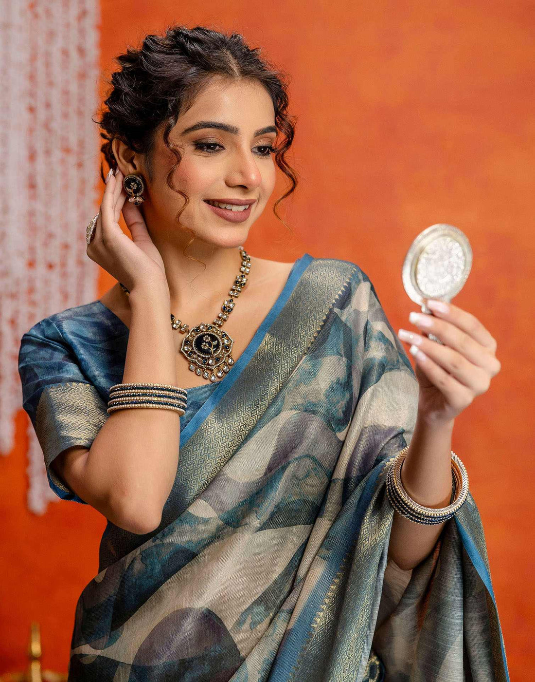 Steel Blue Cotton Printed Woven Saree