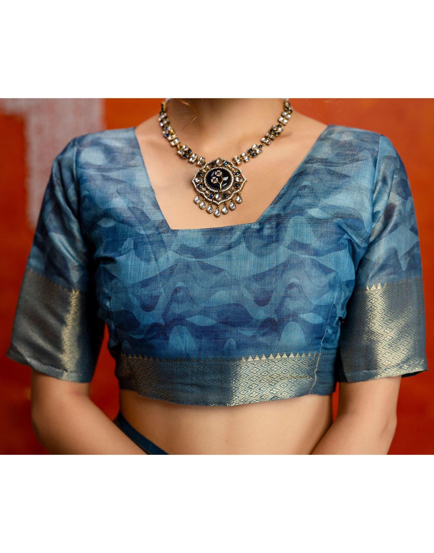 Steel Blue Cotton Printed Woven Saree