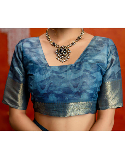 Steel Blue Cotton Printed Woven Saree