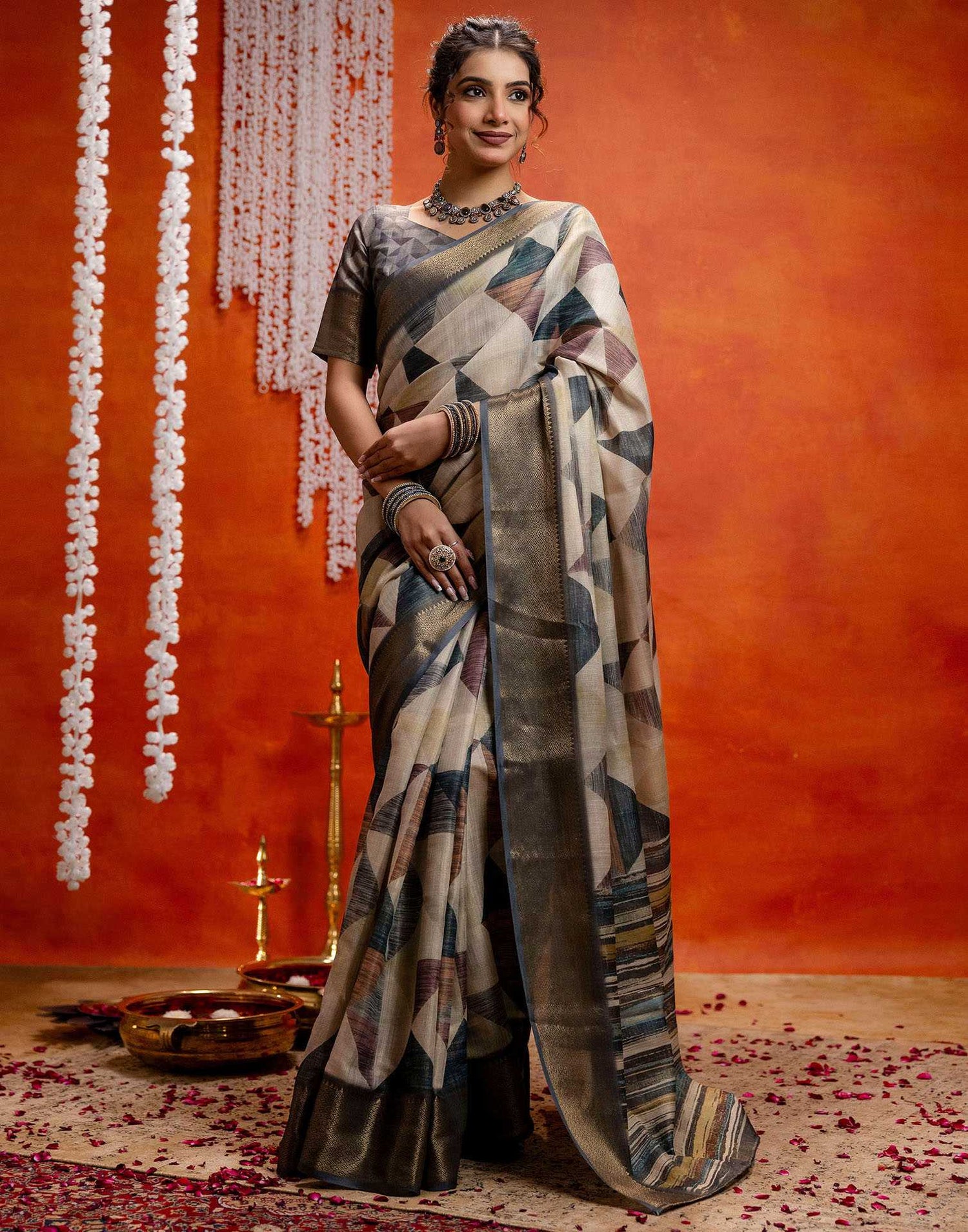 Beige Cotton Printed Woven Saree