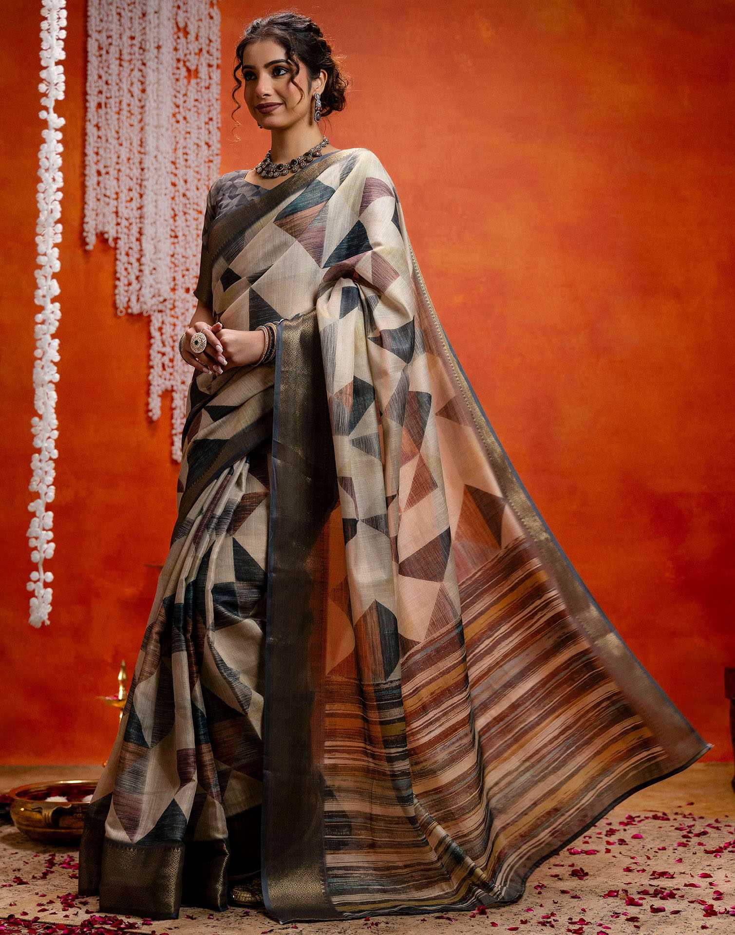 Beige Cotton Printed Woven Saree