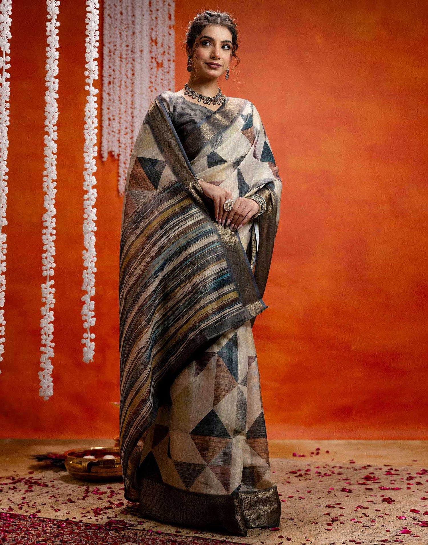 Beige Cotton Printed Woven Saree