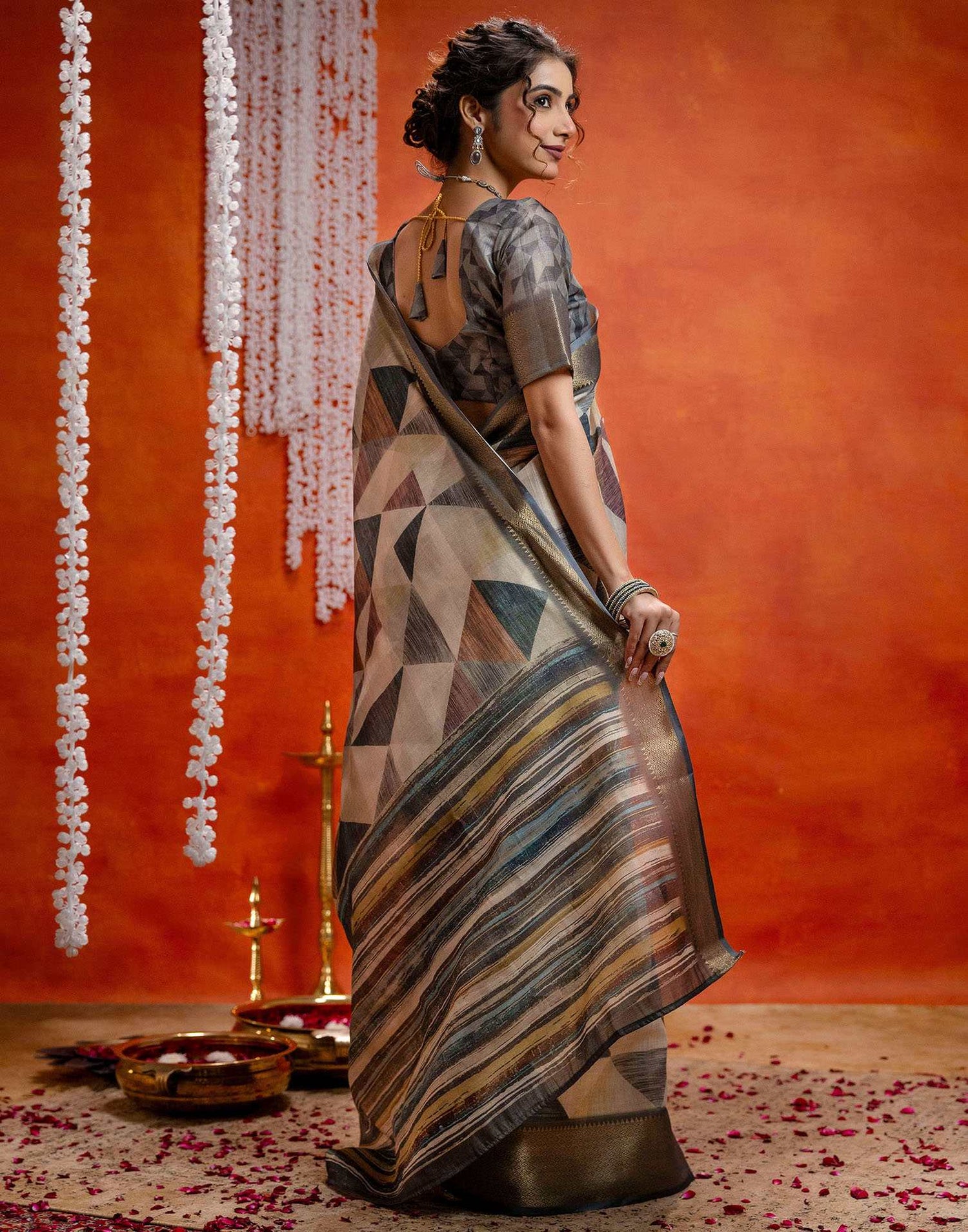 Beige Cotton Printed Woven Saree