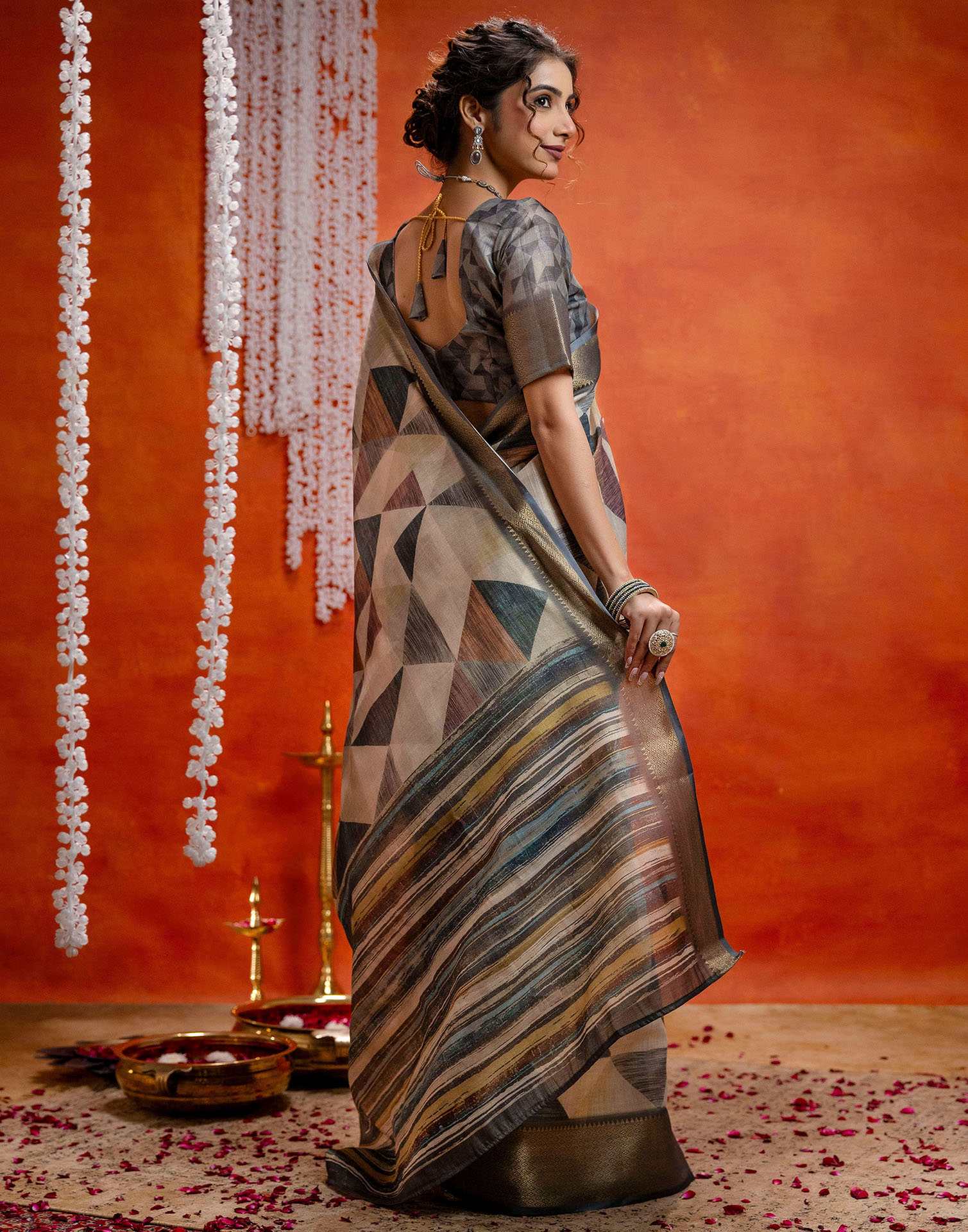 Beige Cotton Printed Woven Saree