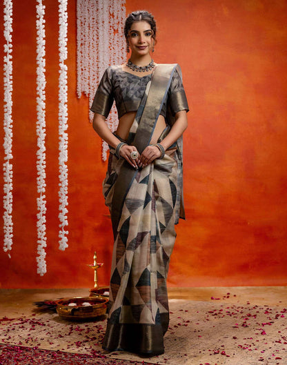 Beige Cotton Printed Woven Saree