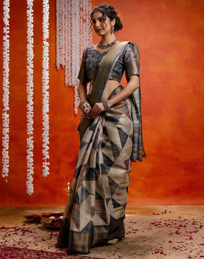 Beige Cotton Printed Woven Saree