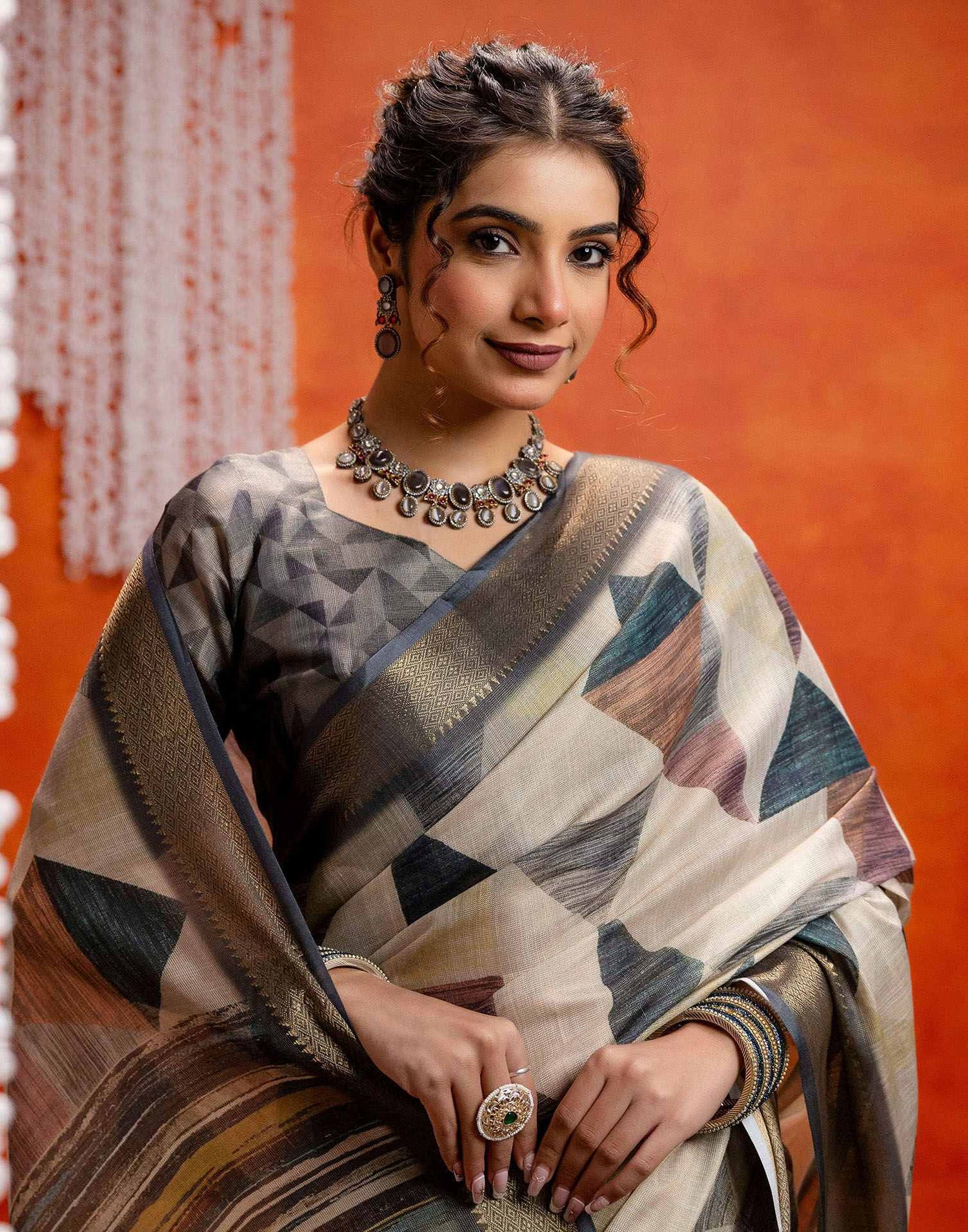 Beige Cotton Printed Woven Saree