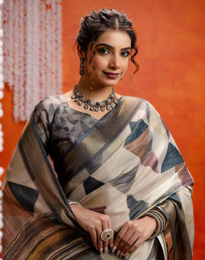 Beige Cotton Printed Woven Saree