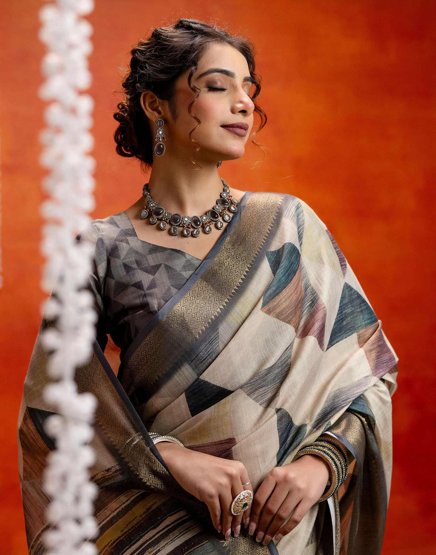 Beige Cotton Printed Woven Saree