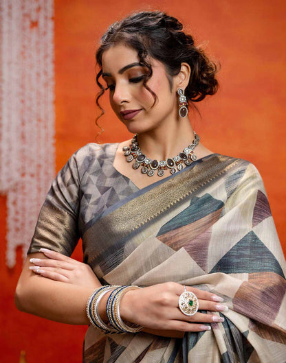 Beige Cotton Printed Woven Saree
