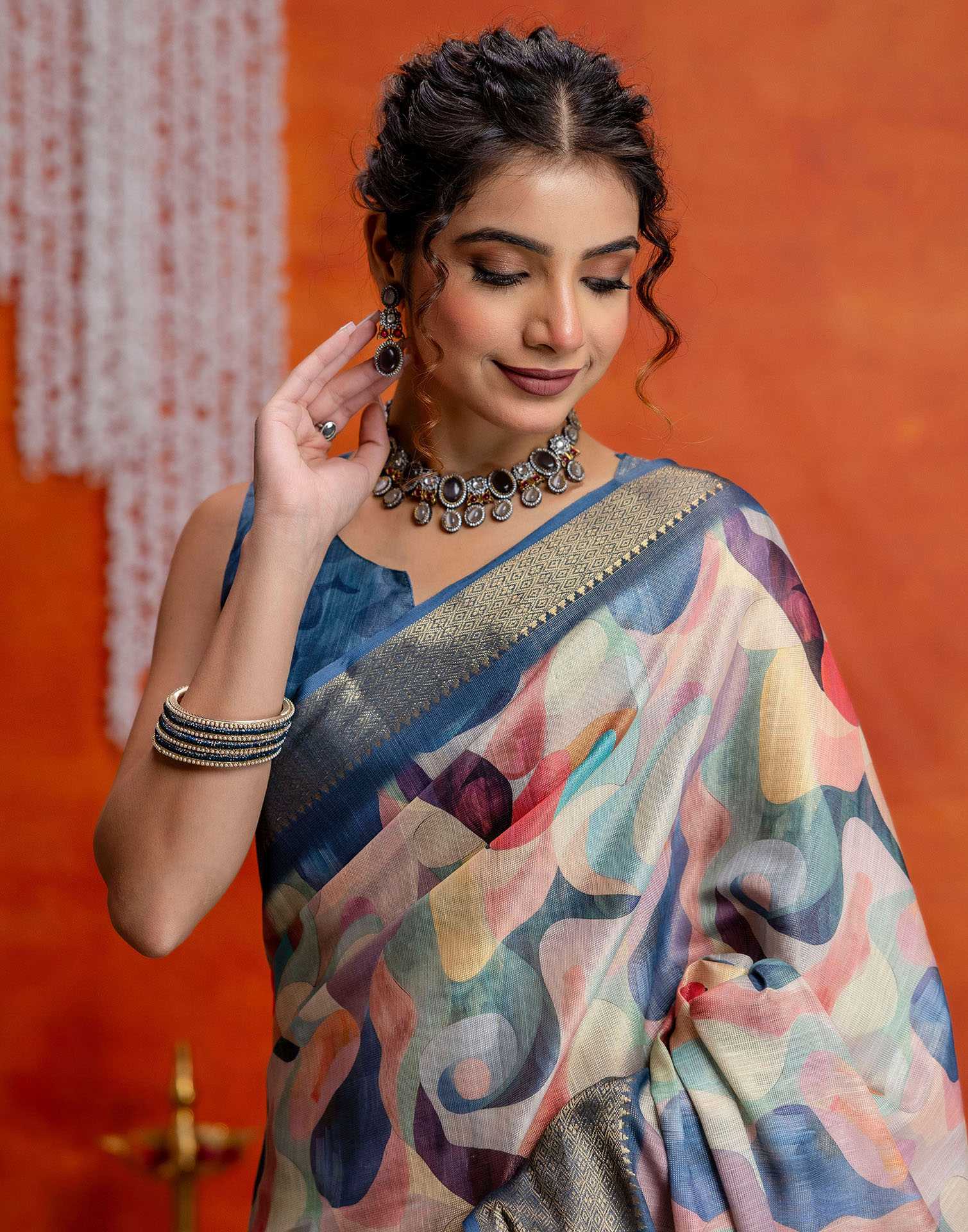 Multicoloured Cotton Printed Woven Saree