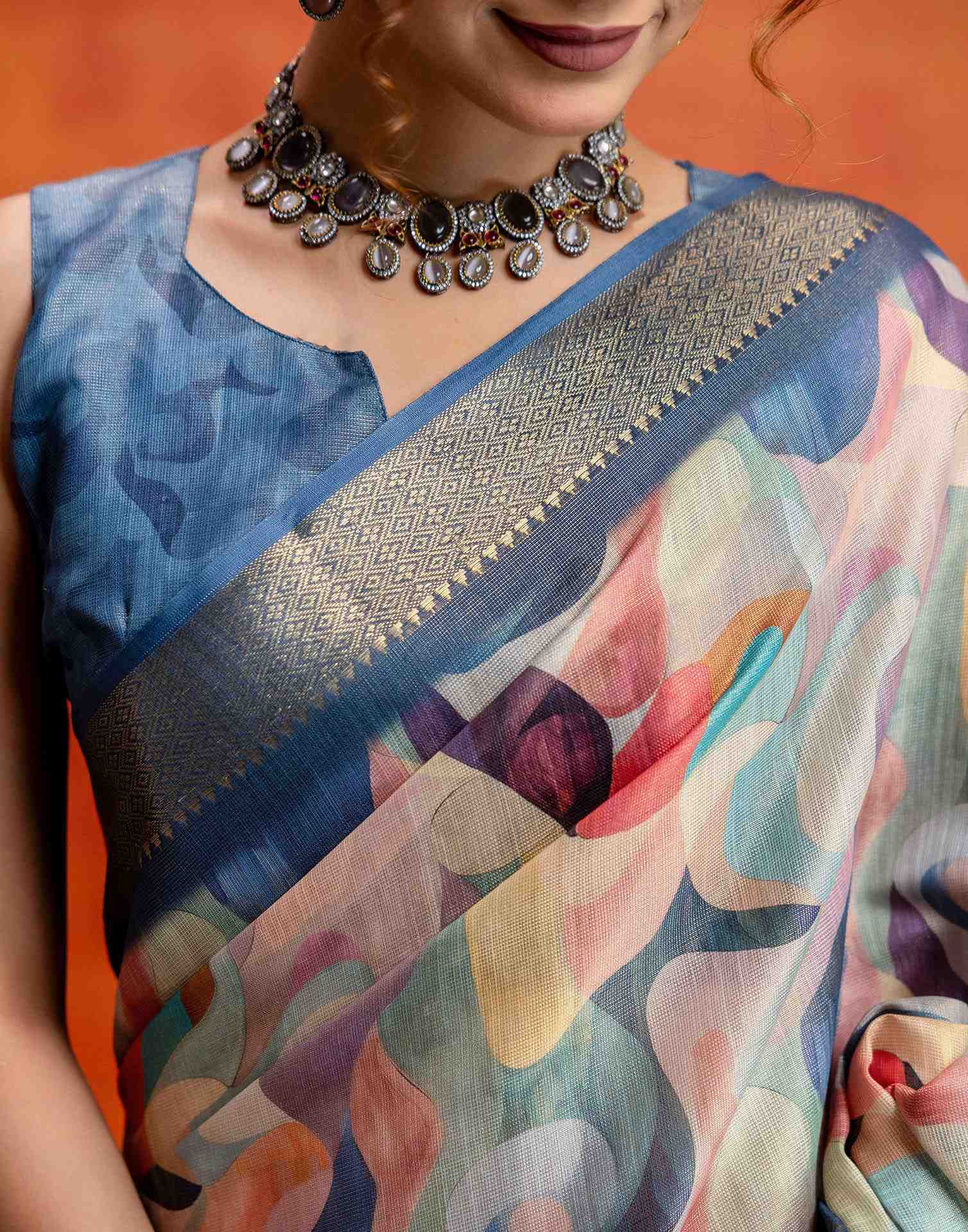 Multicoloured Cotton Printed Woven Saree