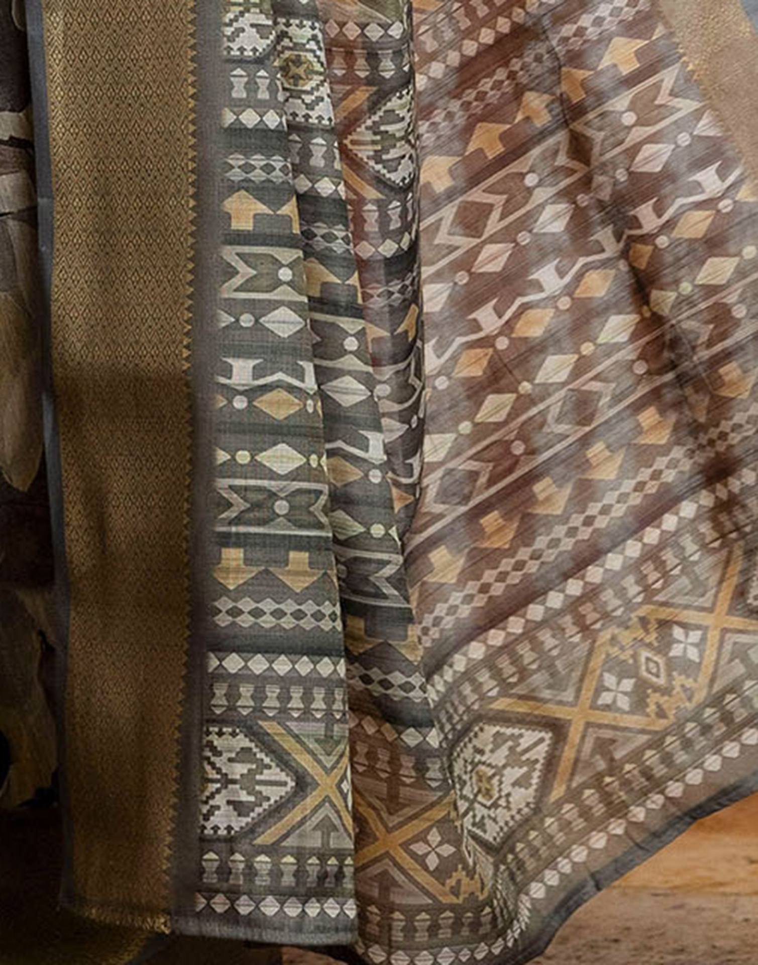 Grey Cotton Printed Woven Saree