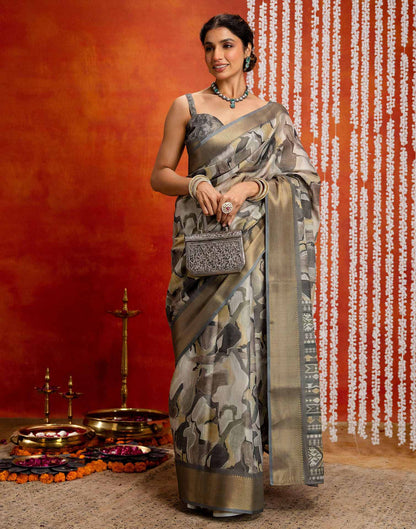 Grey Cotton Printed Woven Saree