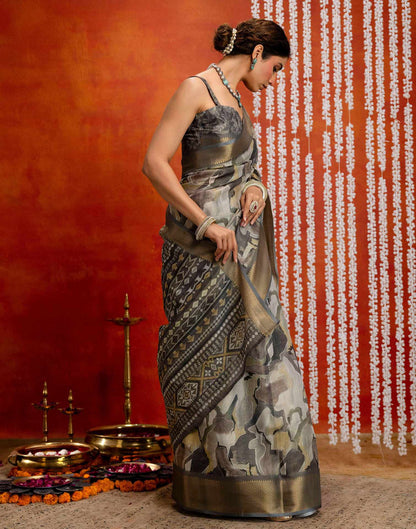 Grey Cotton Printed Woven Saree