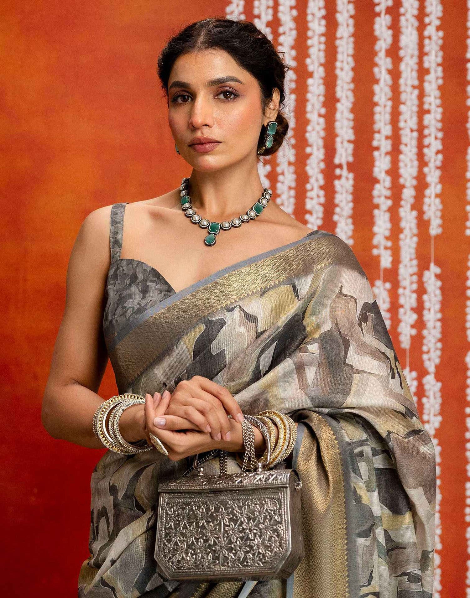 Grey Cotton Printed Woven Saree