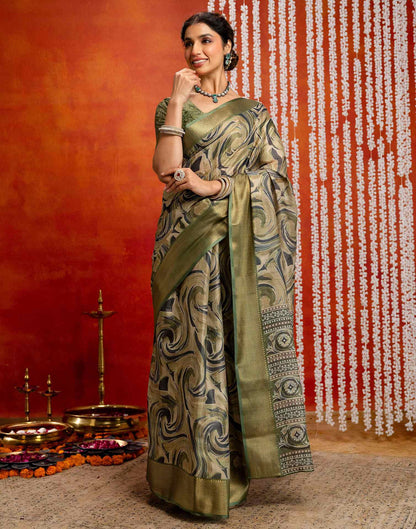 Olive Green Cotton Printed Woven Saree