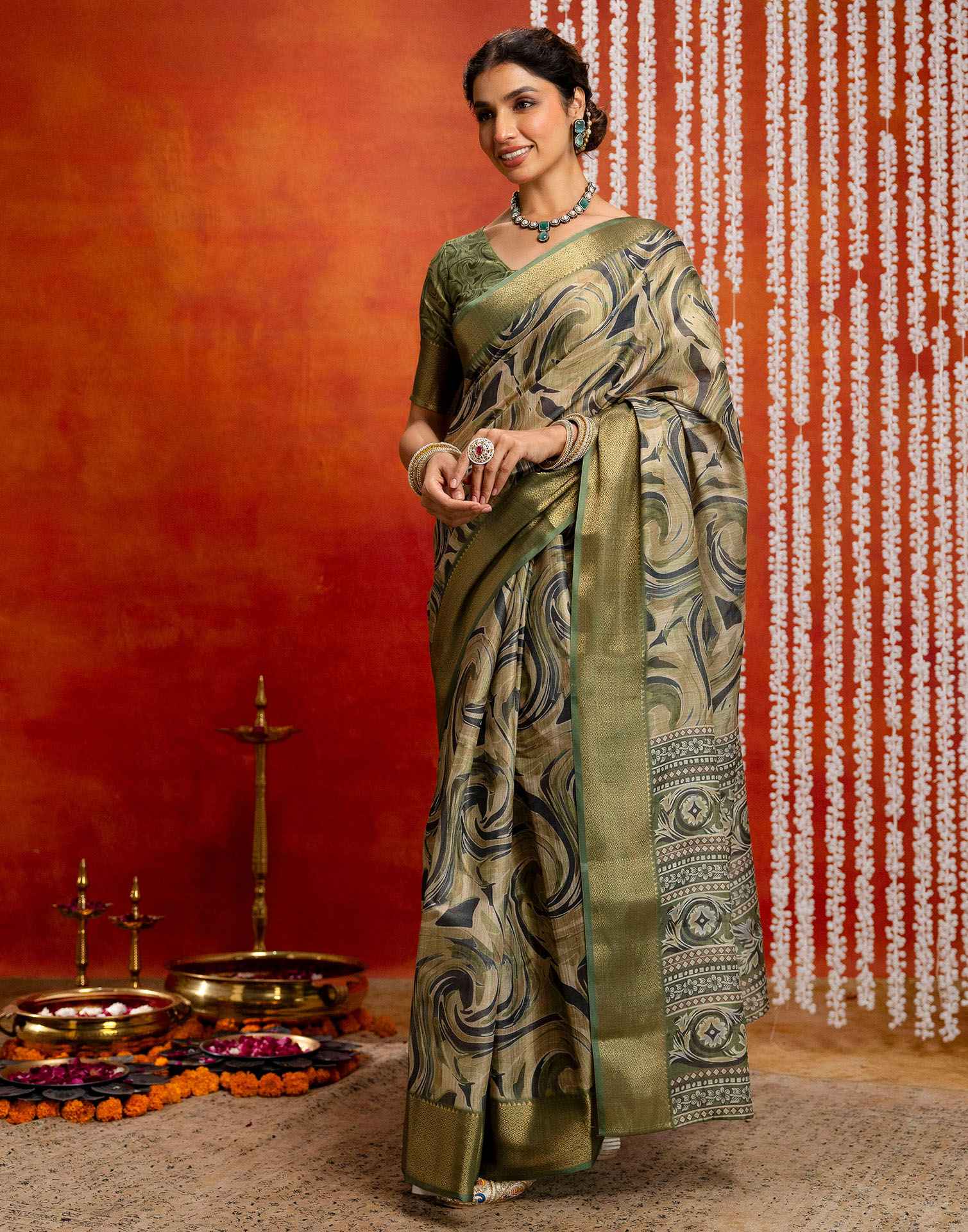 Olive Green Cotton Printed Woven Saree