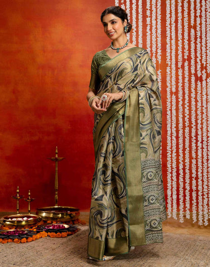 Olive Green Cotton Printed Woven Saree