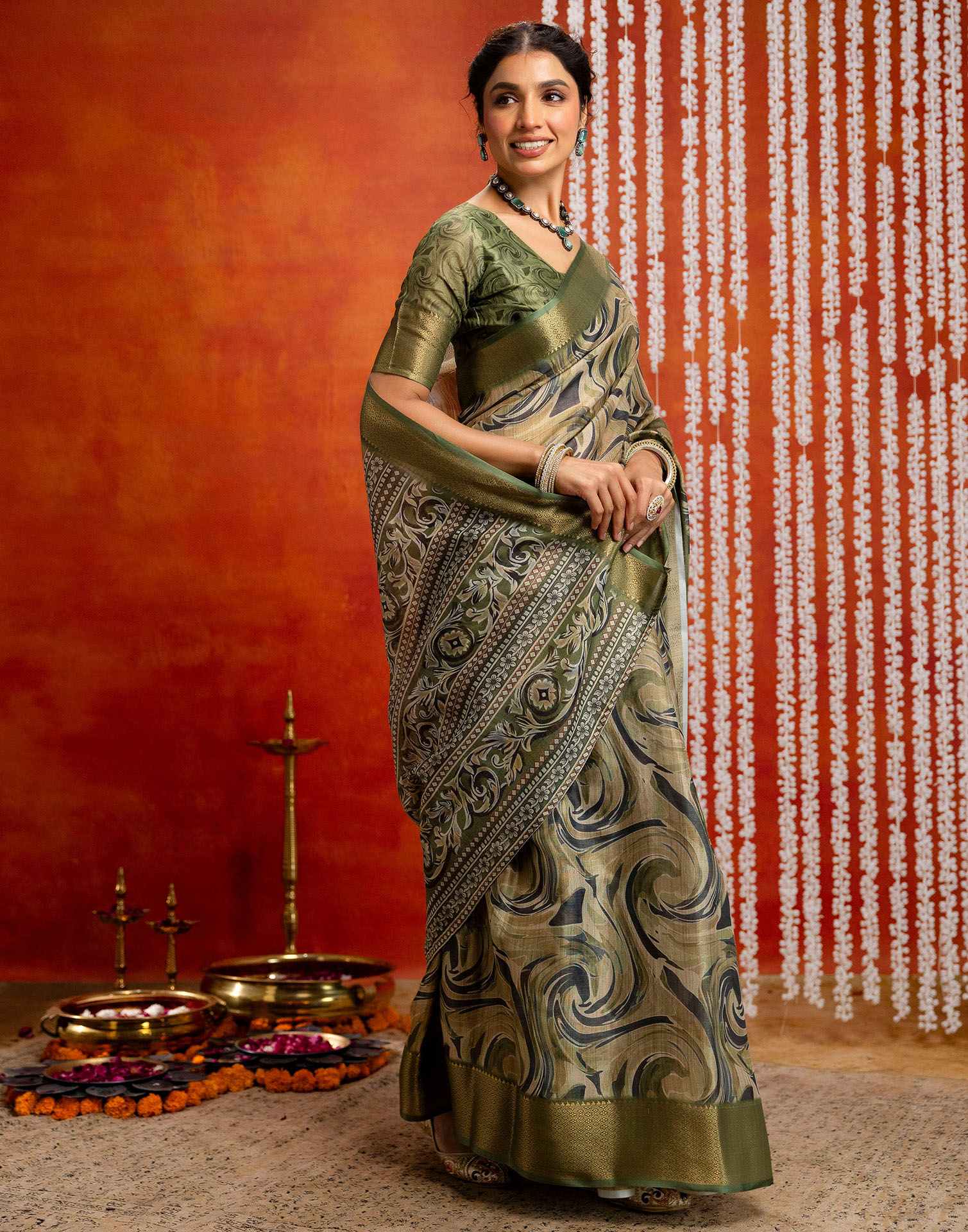 Olive Green Cotton Printed Woven Saree