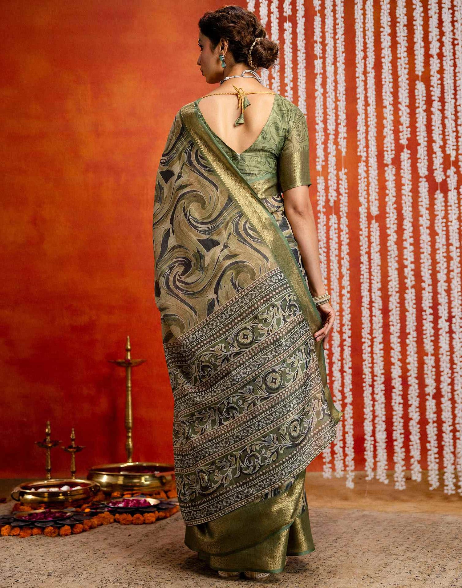 Olive Green Cotton Printed Woven Saree