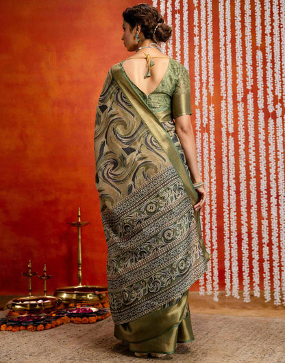 Olive Green Cotton Printed Woven Saree