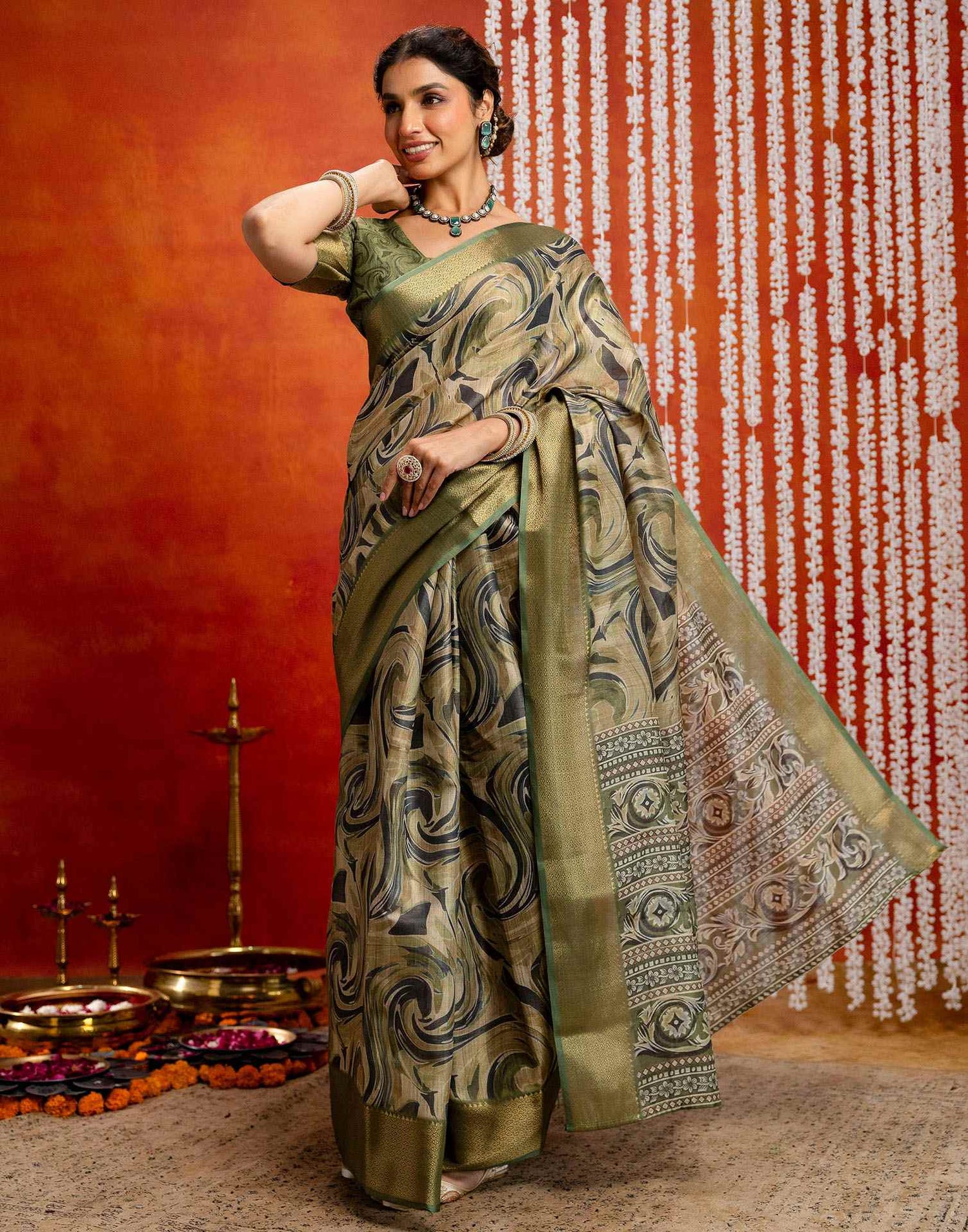 Olive Green Cotton Printed Woven Saree