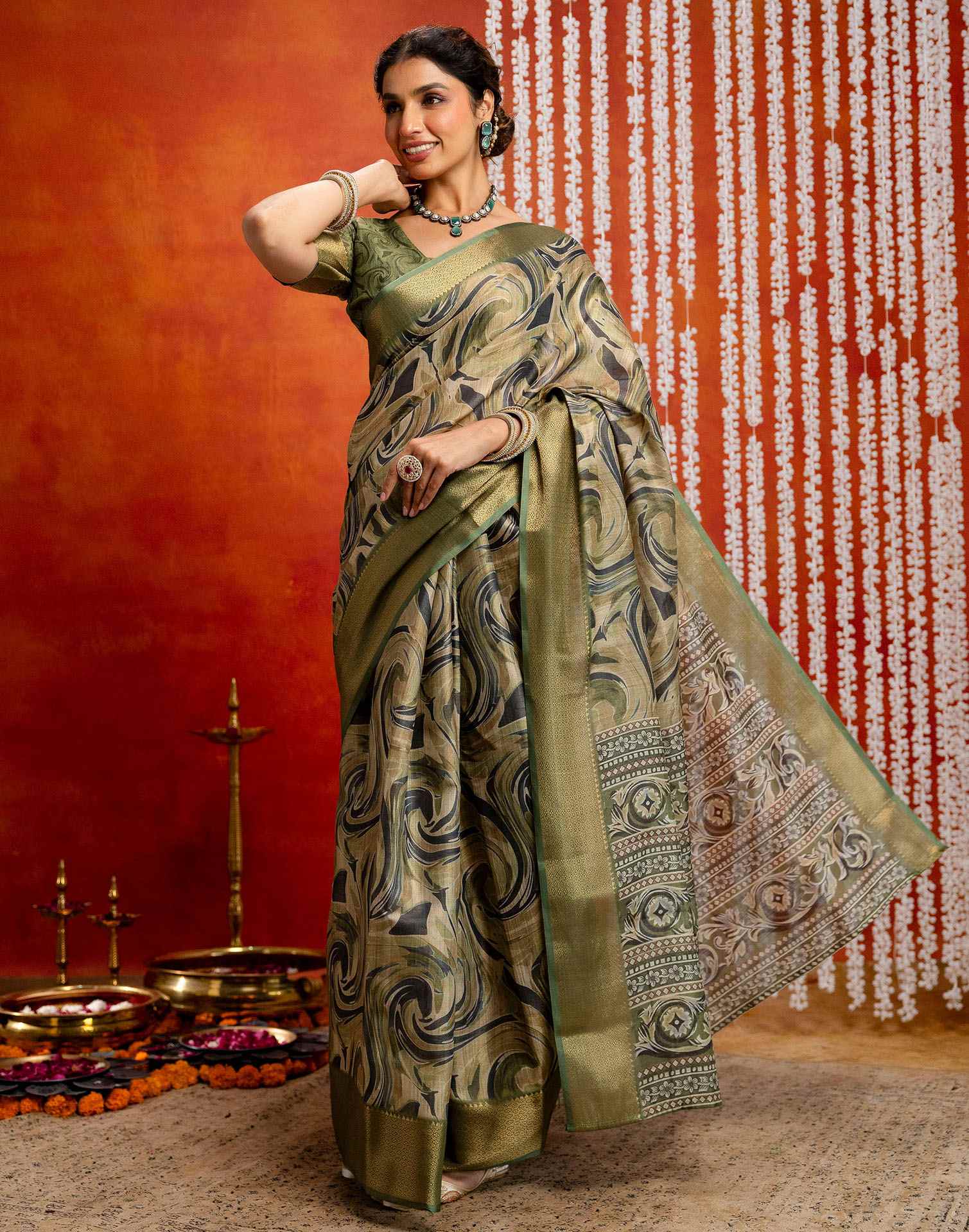 Olive Green Cotton Printed Woven Saree