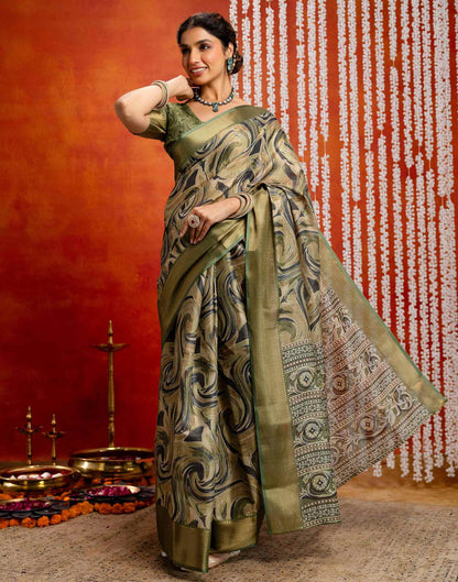 Olive Green Cotton Printed Woven Saree