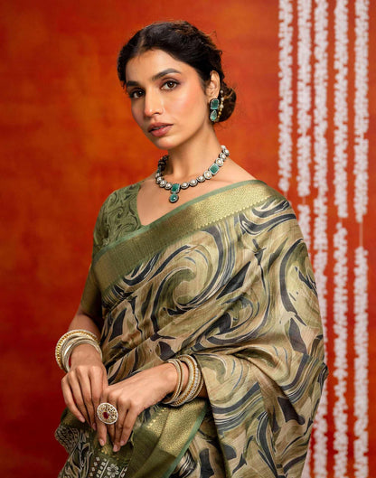 Olive Green Cotton Printed Woven Saree