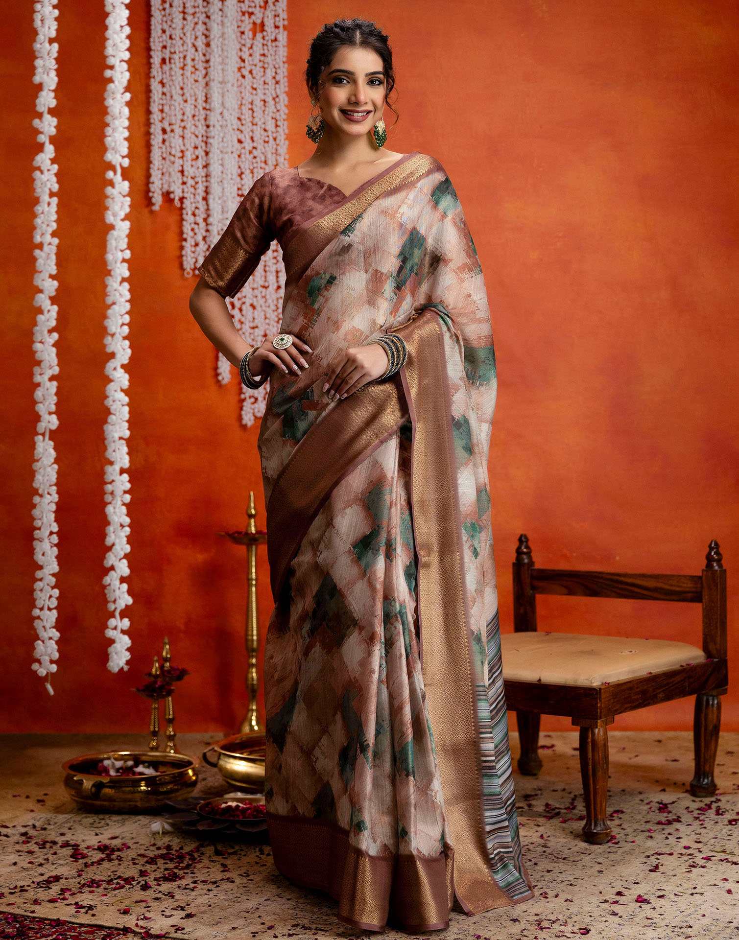 Brown Cotton Printed Woven Saree