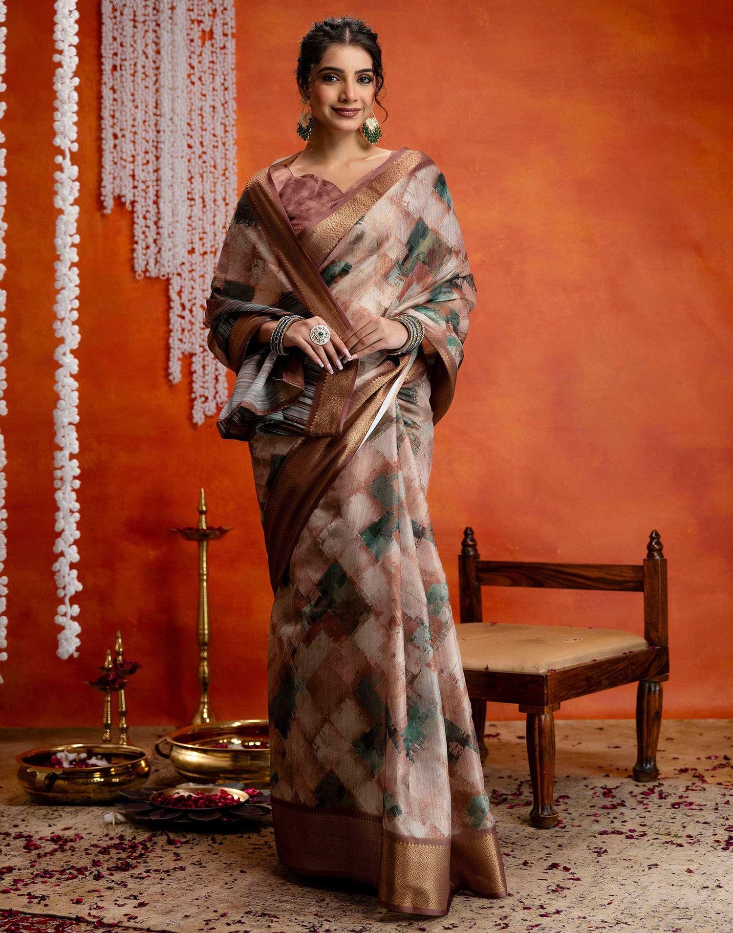 Brown Cotton Printed Woven Saree
