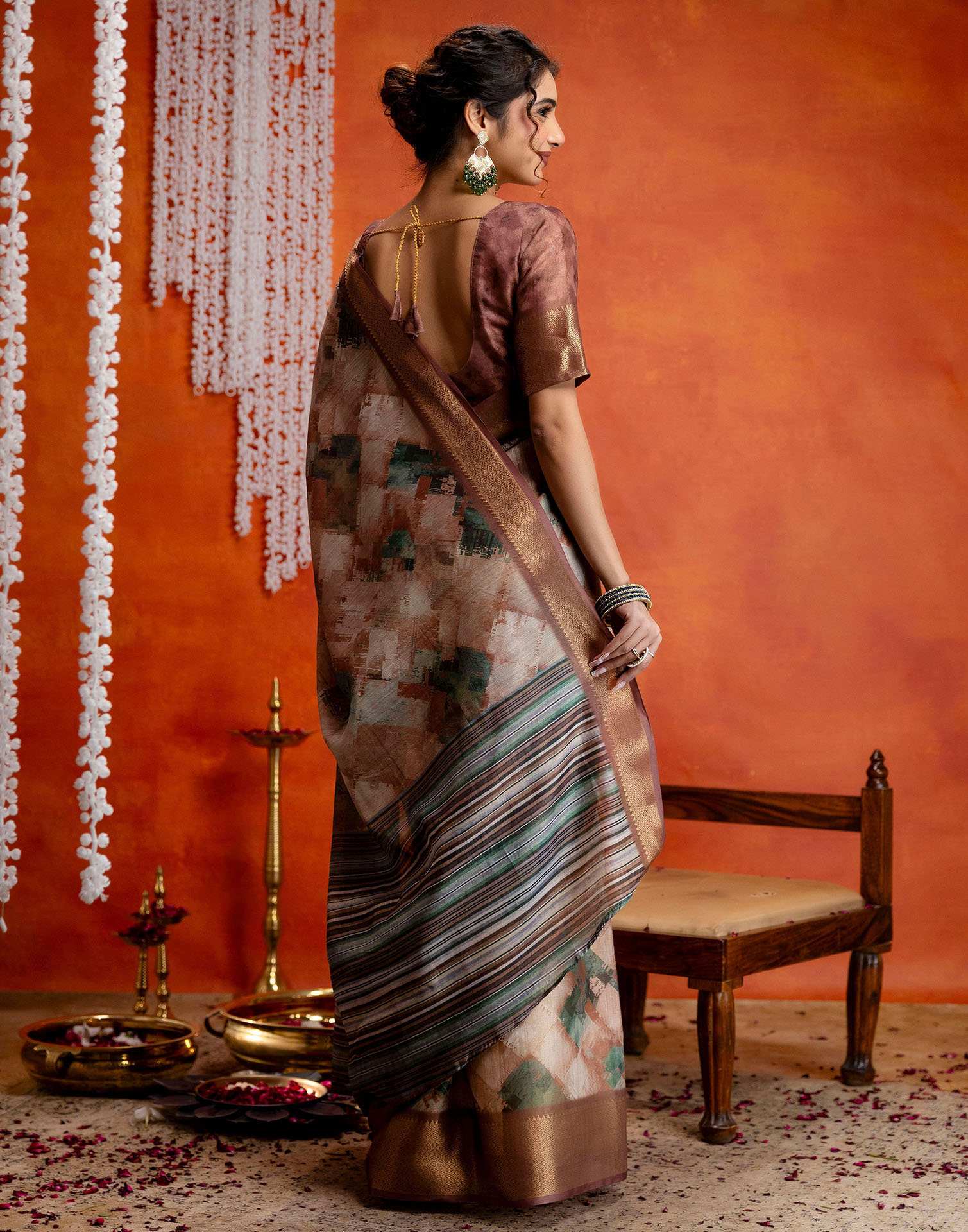 Brown Cotton Printed Woven Saree