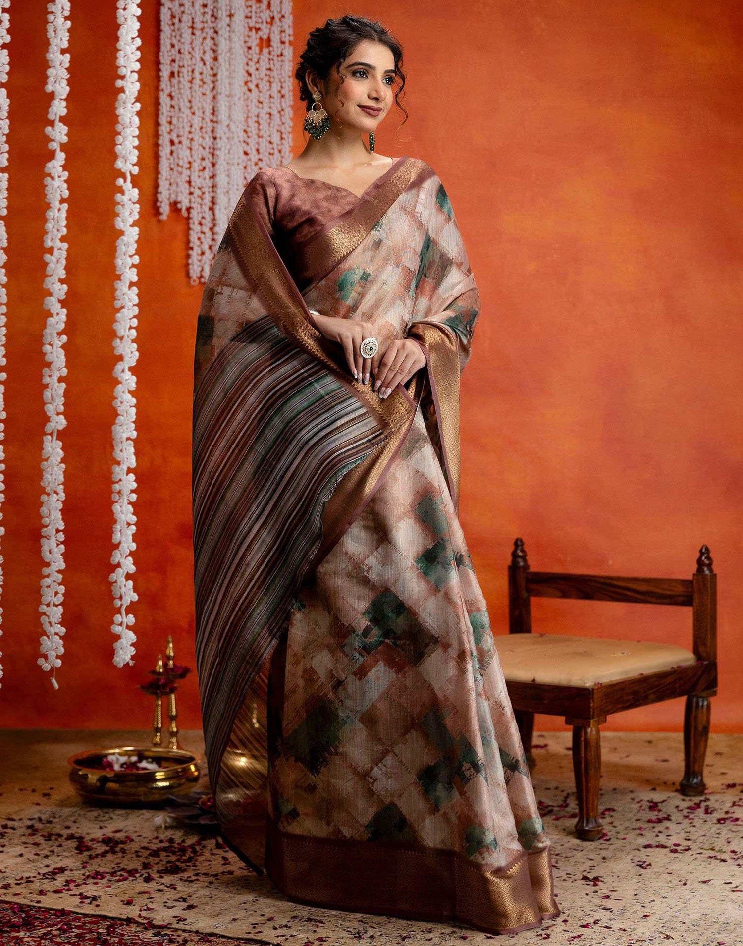 Brown Cotton Printed Woven Saree